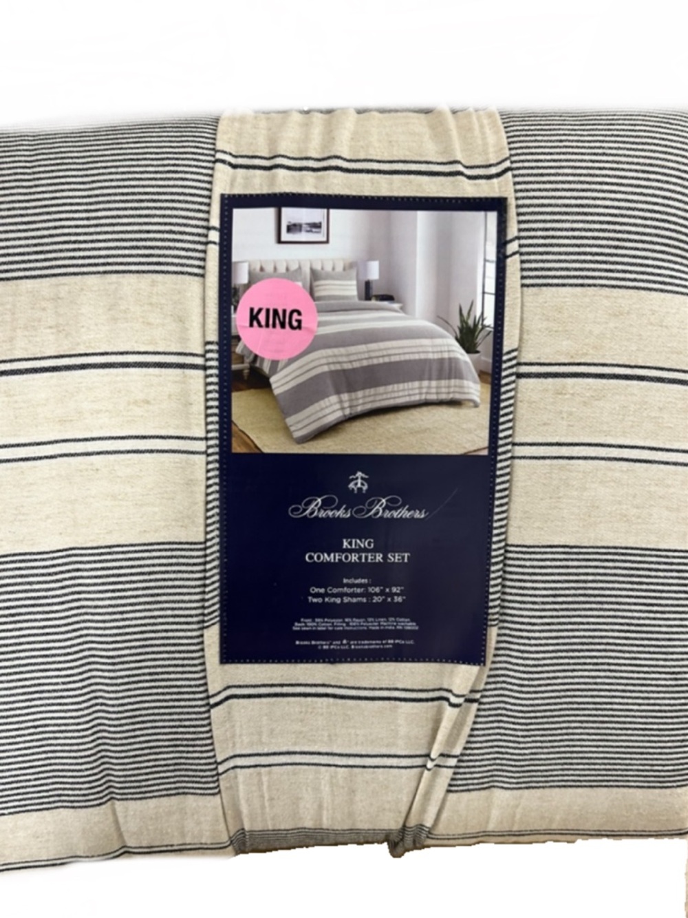 Brooks Brothers Blue and Natural Striped King Comforter Set 106”x92”